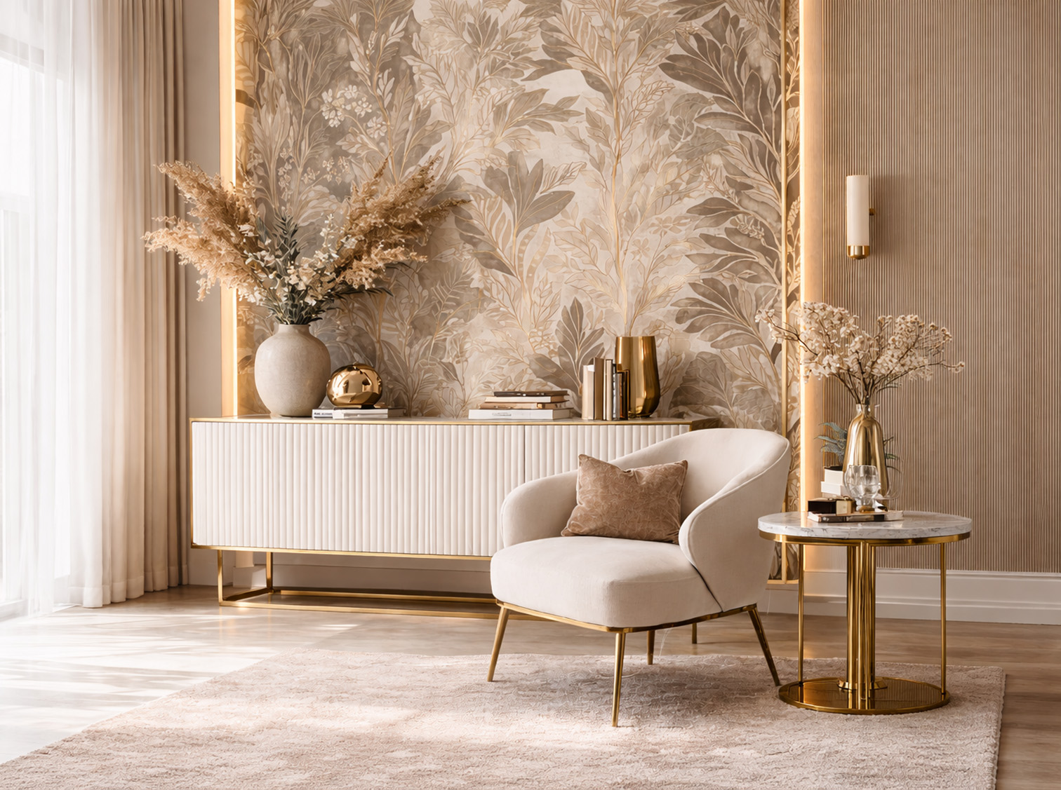 Finished interior with a dramatic decorative wallcovering