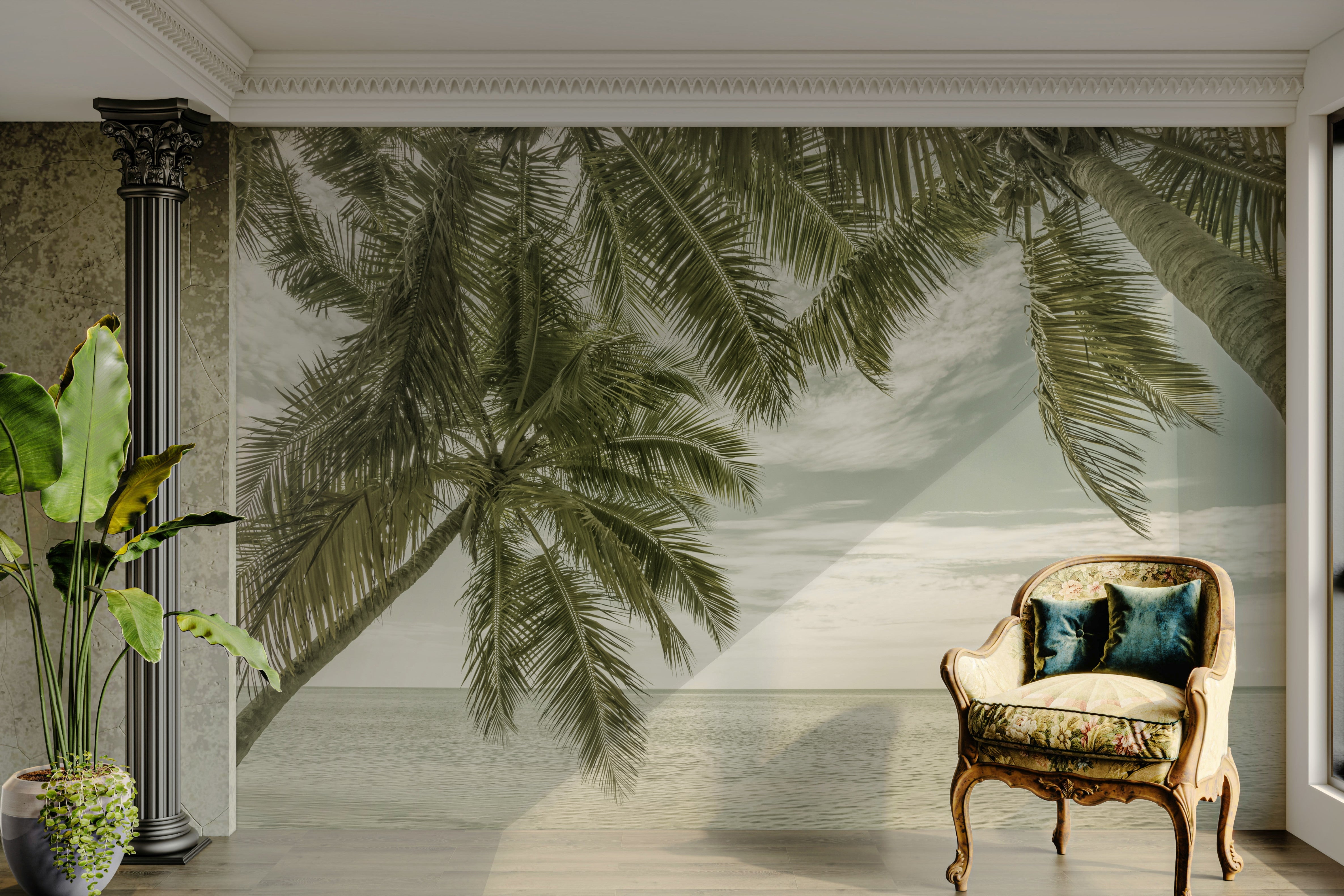 Florida-inspired mural wallpaper in a bedroom
